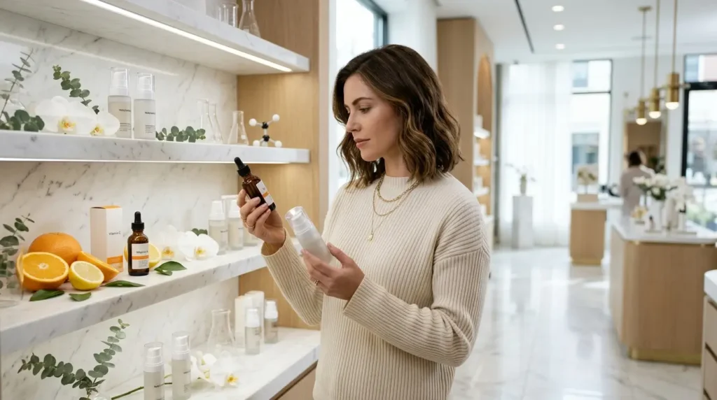 Woman comparing premium Vitamin C and niacinamide serums in a luxury skincare boutique with elegant marble shelves, minimalist packaging, citrus accents, and bright natural lighting.