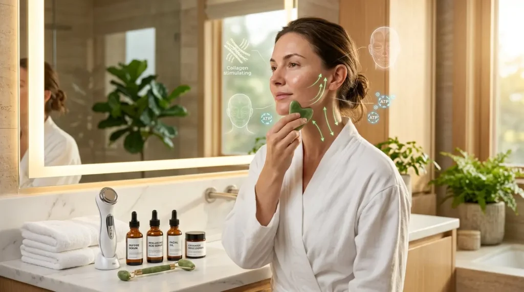 Woman using a jade Gua Sha tool with a facial roller, microcurrent device, peptide serum, and hyaluronic acid for a firm, glowing anti-aging skincare routine.