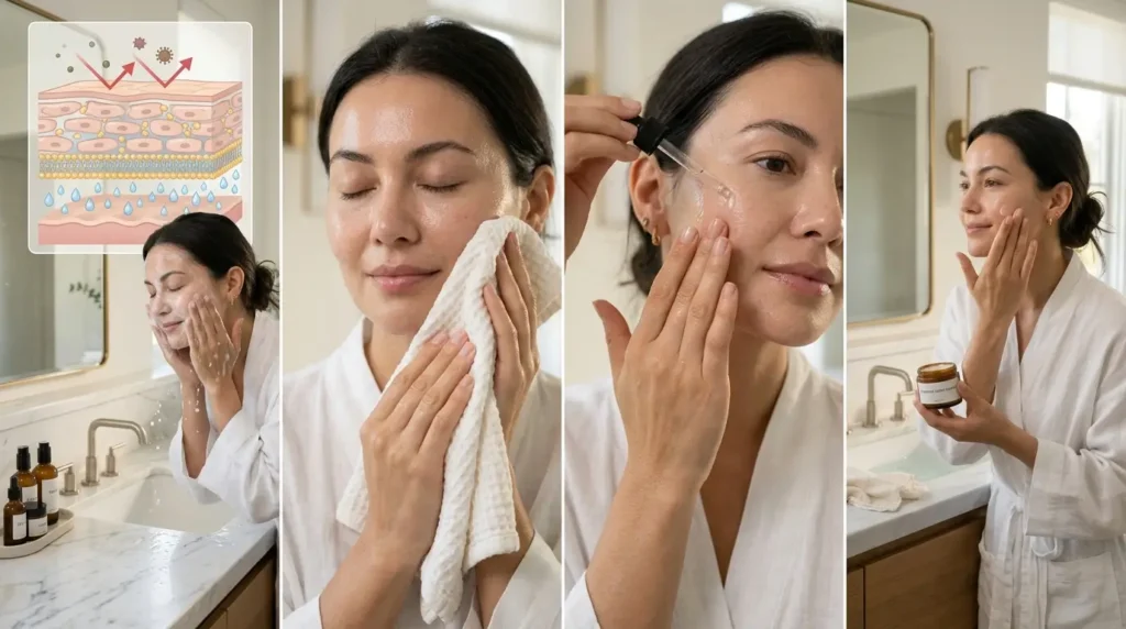 Step-by-step ceramide skincare routine showing a woman cleansing, patting damp skin, applying ceramide cream, and moisturizing, with a skin barrier illustration highlighting hydration and barrier repair.