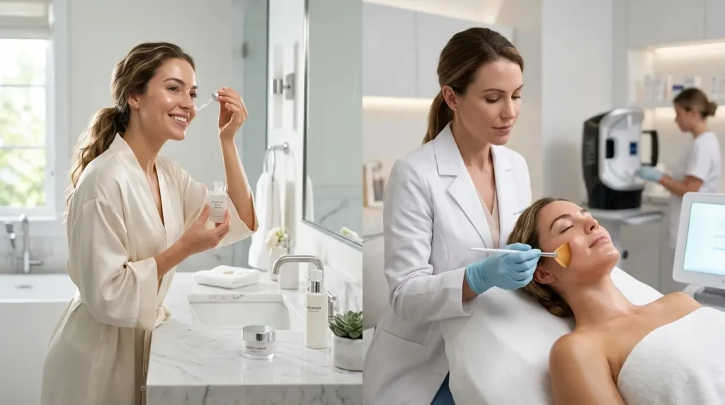 Split-scene beauty editorial showing a woman using a glycolic acid serum at home and receiving a professional chemical peel from a dermatologist in a modern clinic.