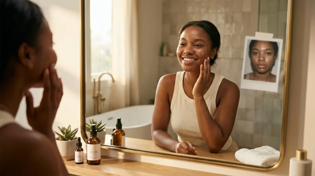 Woman with clear, healthy skin smiling in a mirror, showcasing a successful transformation from acne-prone oily skin.