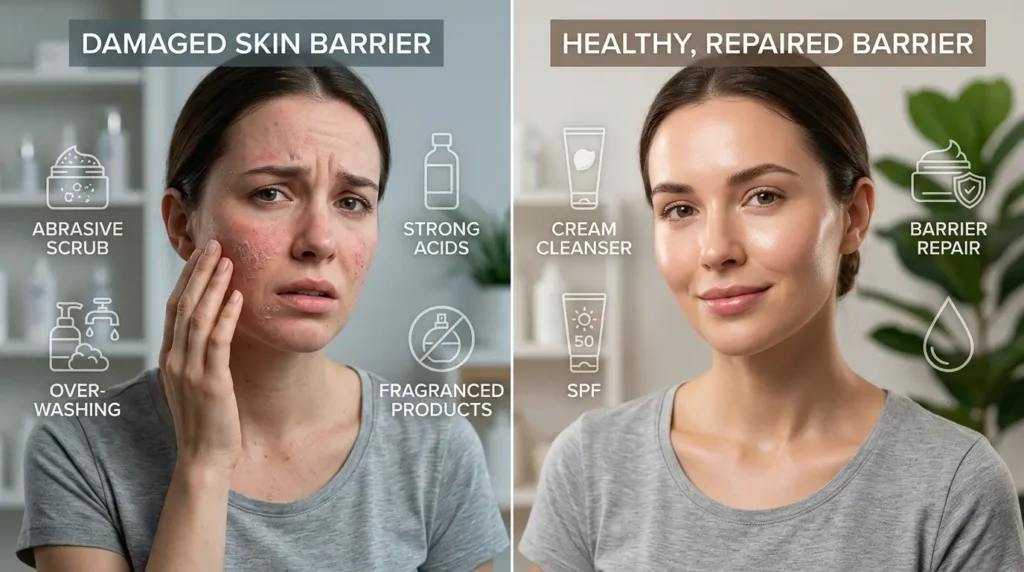 Split-scene skincare warning showing a woman with irritated flaky skin from harsh exfoliation on one side and a healthy repaired skin barrier on the other, highlighting damaging and gentle skincare practices.