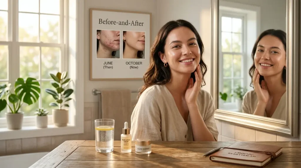 Woman with clear, glowing skin smiling in a mirror, showcasing a successful jawline acne transformation journey.