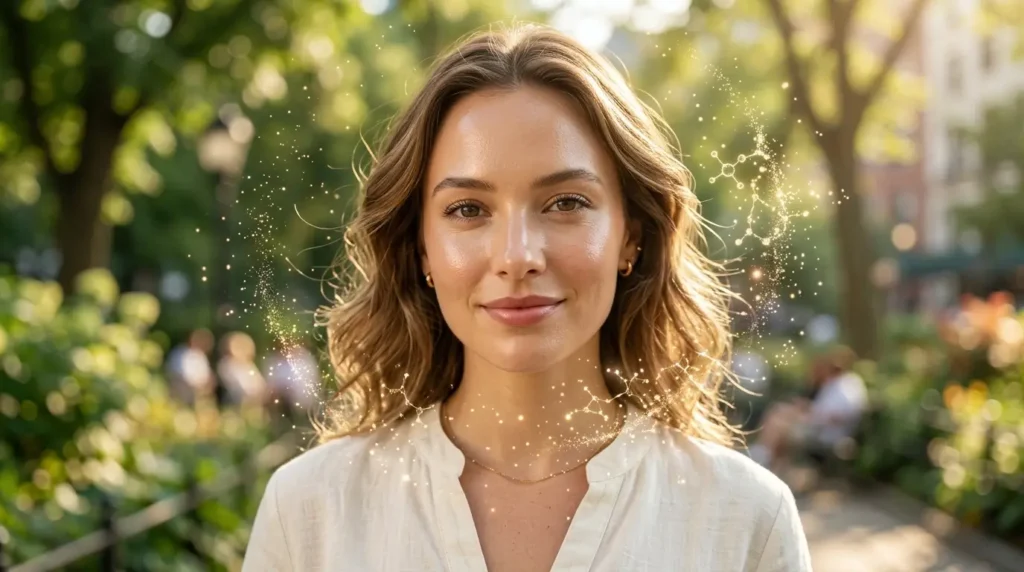 Close-up portrait of a woman with healthy glowing skin outdoors in soft sunlight, surrounded by subtle antioxidant-inspired light effects with a blurred green park background.