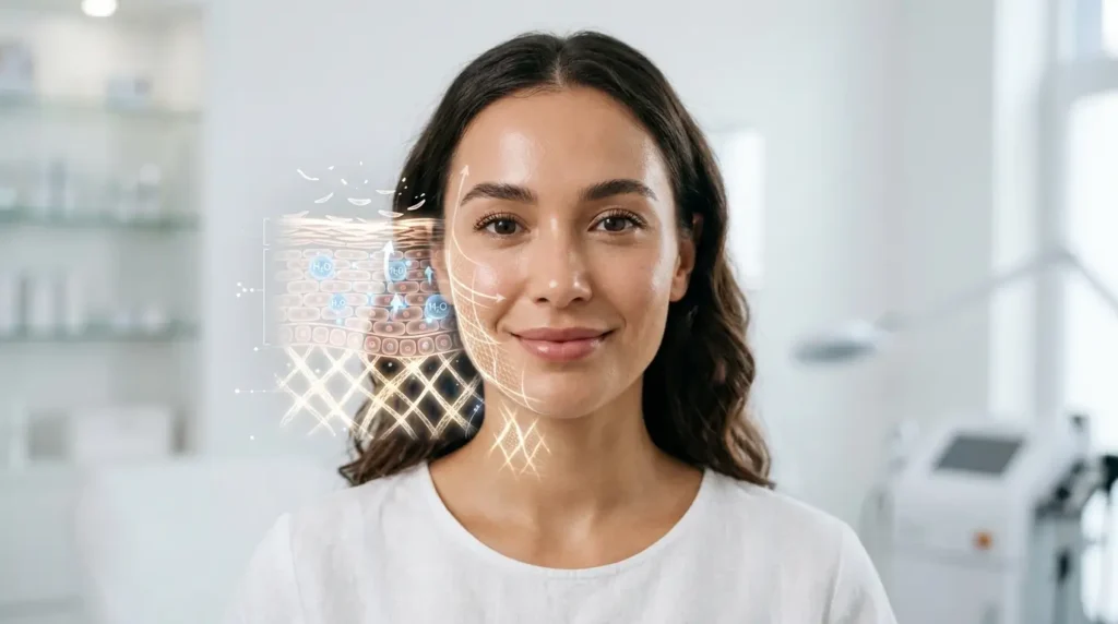 Close-up portrait of a woman with healthy glowing skin featuring a transparent skin-layer visualization, hydration effects, and strengthened skin barrier in a bright clinical beauty setting.