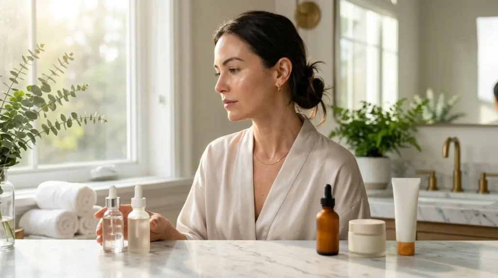 Woman examining skincare products on a marble bathroom vanity with retinol, vitamin C, ceramide moisturizer, and sunscreen, highlighting common skincare mistakes in a bright luxury spa-like setting.