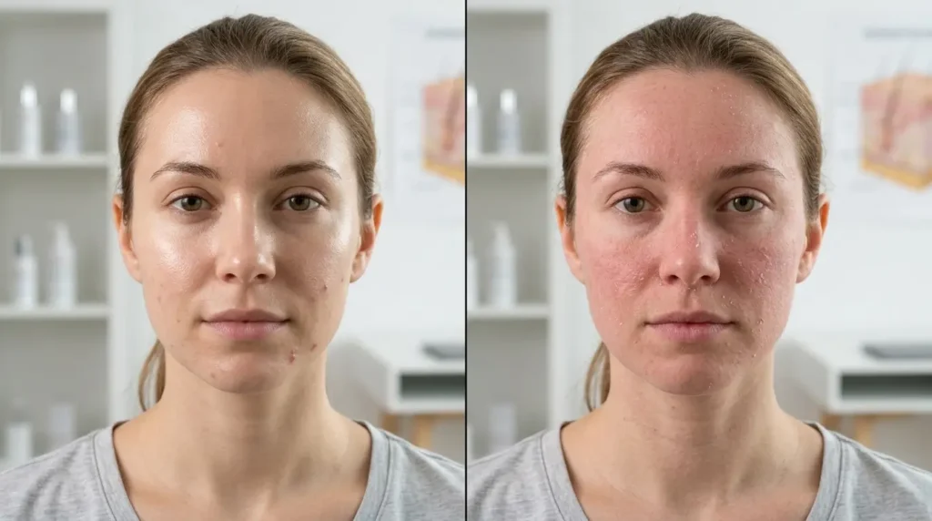 Split-concept beauty portrait of the same woman showing mild skin purging on one side and a red, irritated damaged skin barrier on the other against a soft clinical background.