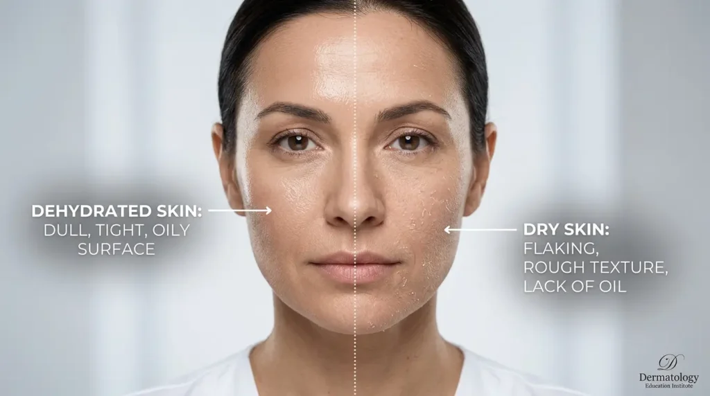 Split-face close-up of a woman comparing dehydrated skin with dry skin, highlighting dullness, tightness, flaking, and texture differences in a clinical skincare education style.