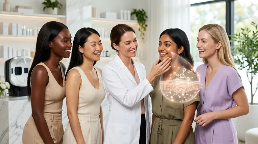 Diverse women with healthy glowing skin in a modern dermatology clinic as a dermatologist performs a skin consultation, highlighting personalized glycolic acid skincare for different skin tones.