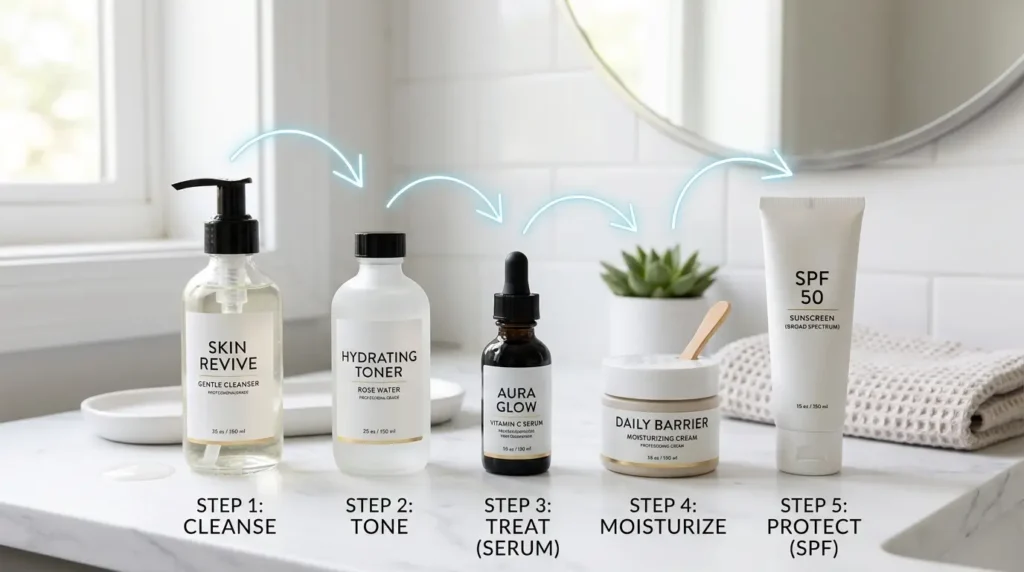 Skincare layering guide on bathroom counter with products arranged from light to heavy texture.