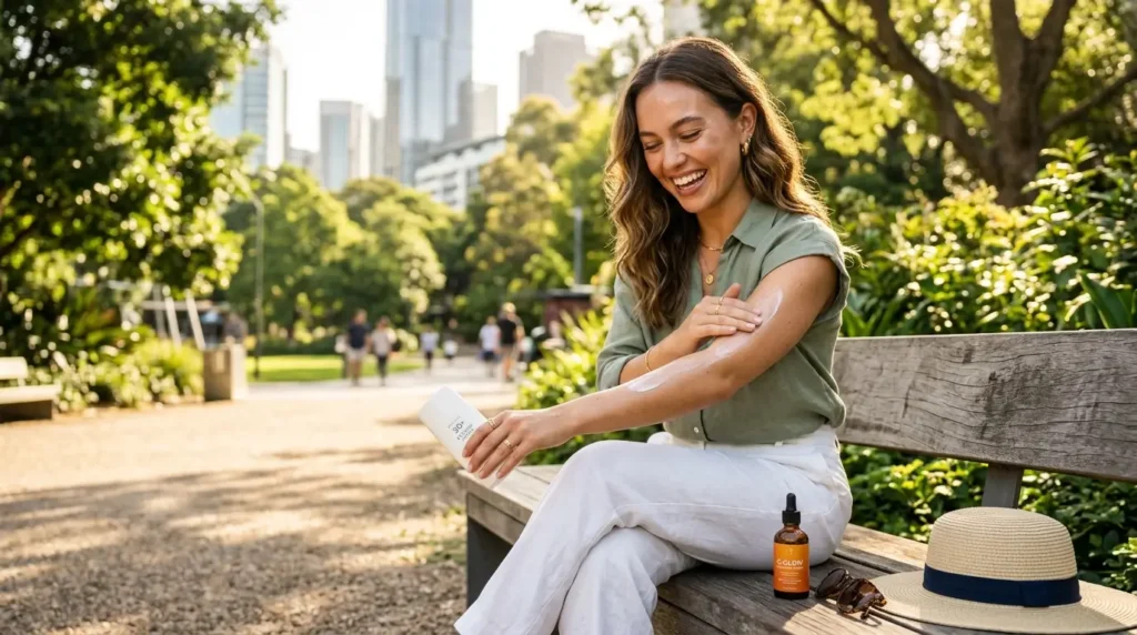 Young woman applying sunscreen in a sunny park with a Vitamin C serum, sunglasses, and a wide-brimmed hat nearby, highlighting healthy glowing skin and daily sun protection.